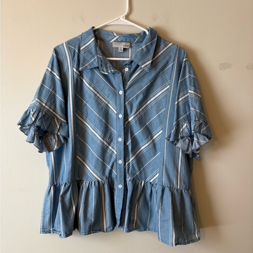Button-Front Blue Striped Peplum Blouse